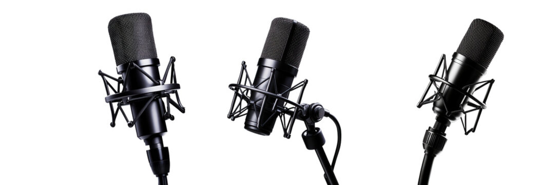 Three stylish black microphones arranged  ideal for music, podcasting or broadcasting. Perfect for audio recording. isolated on a transparent background