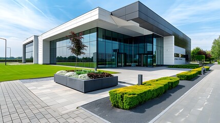A sleek company logo prominently displayed on the facade of a modern office building, symbolizing corporate identity and professionalism, with architectural details emphasizing the brand’s contemporar