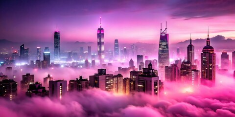Cityscape at night with pink fog, city, urban, night, skyline, buildings, lights, pink, fog, mist, atmosphere, mysterious