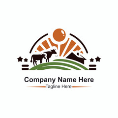 A logo for organic farm with a sun and cows on the top