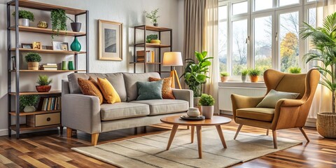 A plush armchair sits nestled in a warm and inviting living room, surrounded by a sofa, cozy coffee