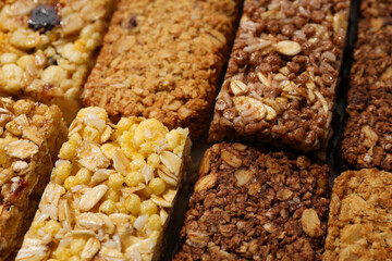 Delicious, natural, various granola bars, close-up view