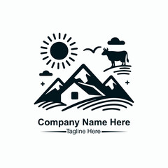 A logo for organic farm with a sun and cows on the top