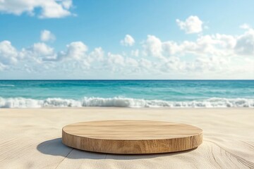 Wooden pedestal with free space for your decoration on tropical summer sand beach , ai