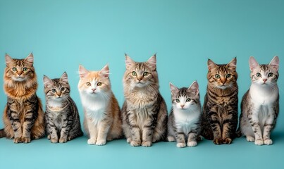 A Group of Diverse Feline Companions Sitting Together on a Powder Blue Background