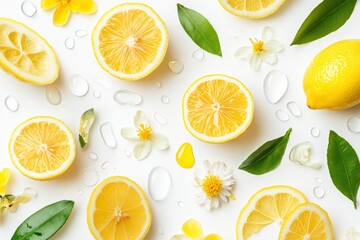 Lemon has water drop with lemon slices and flower collection isolated on white background. Clipping path, ai