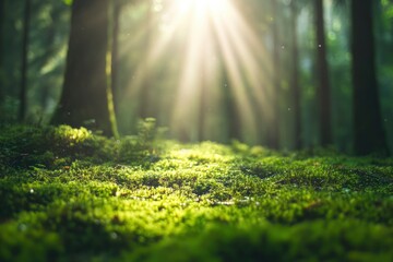 Fototapeta premium Sunlight in a green forest. Forest sunbeam. Ray of sunlight in forest green. Mossy forest sunbeam with generative ai