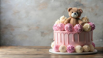 Pastel pink birthday cake with chocolate teddy bear, meringue swirls, and candy on grey background, birthday, cake