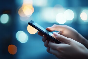 Close-up of hands typing on a mobile phone in a professional business setting, highlighting communication and connectivity.