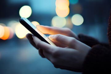 Close-up of hands typing on a mobile phone in a professional business setting, highlighting communication and connectivity.