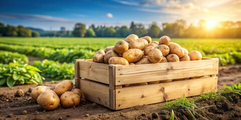 Freshly harvested organic potatoes in a rustic wooden box set against a lush field backdrop, potatoes, harvest, organic