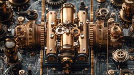 Fototapeta premium Steampunk-inspired device featuring large copper boards, antique gears, and brass elements, all connected in a complex yet elegant design