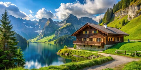 Naklejka premium Relaxing retreat in the serene Swiss Alps , nature, mountains, peaceful, relaxation, tranquility, vacation, travel