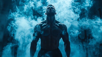 A strong man stands proudly amidst a dramatic fog, showcasing power and resilience in an artistic, moody atmosphere.
