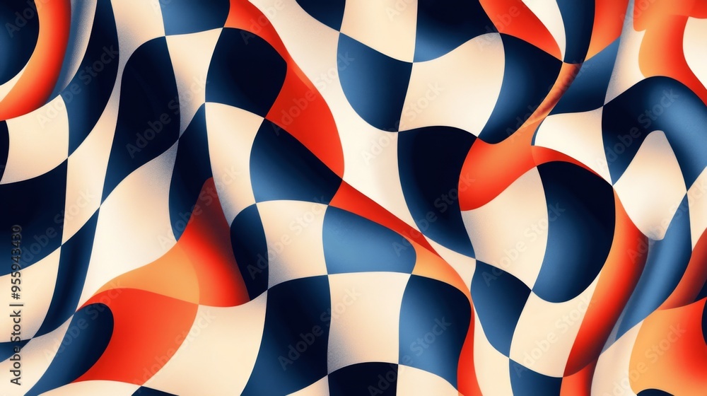 Poster seamless pattern with digital illustration of wavy checkered patterns creating optical illusion effe