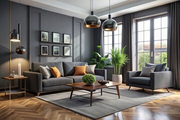 A sleek and modern living room features dark grey furniture arranged thoughtfully amidst a backdrop of neutral-toned