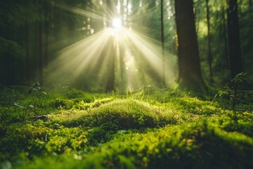 Fototapeta premium Sunlight in a green forest. Forest sunbeam. Ray of sunlight in forest green. Mossy forest sunbeam with generative ai