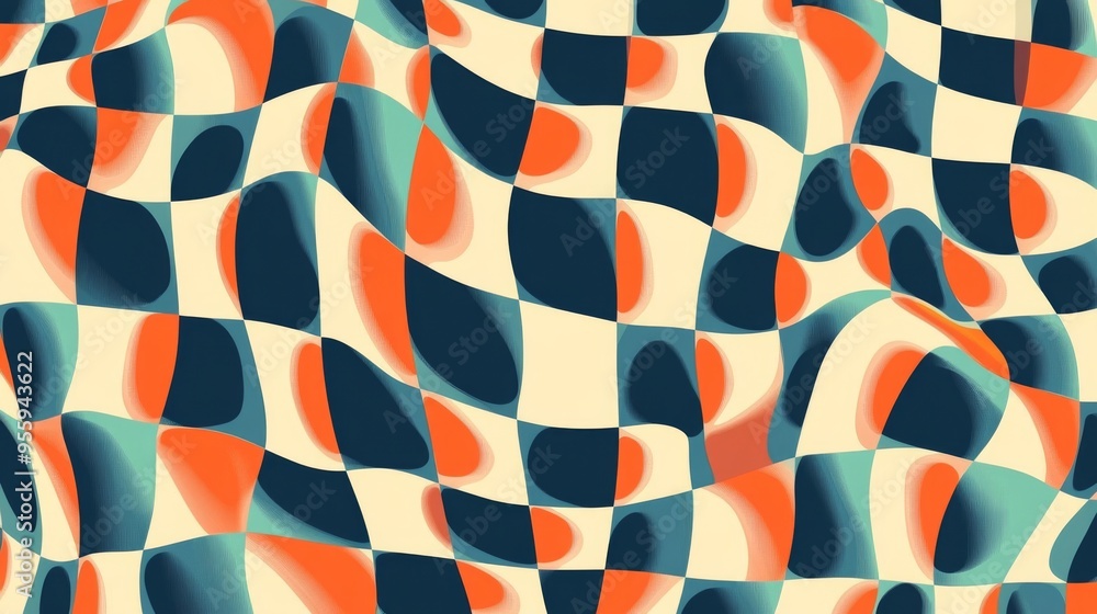 Poster seamless pattern with digital illustration of wavy checkered patterns creating optical illusion effe