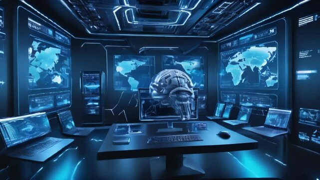 Future Technology Room with Brain and Monitors