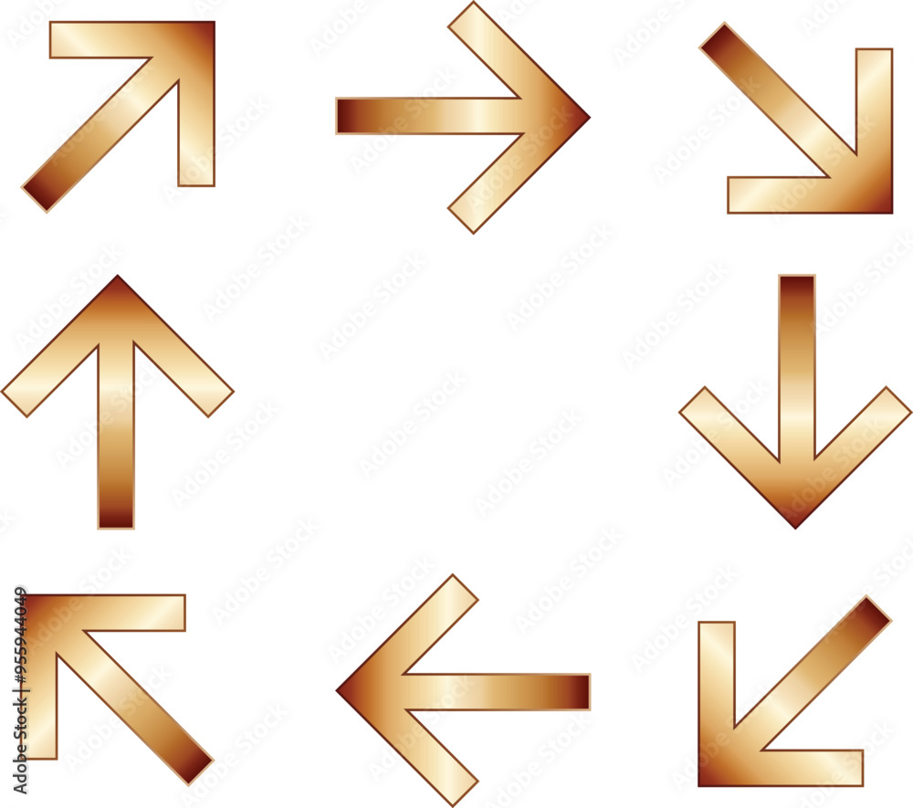 Poster set of golden gradient direction arrow vector illustration.