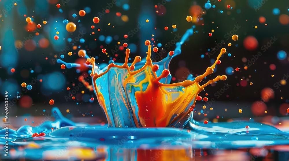 Aufkleber a vibrant splash of blue and yellow paint creating a crown-like shape with small droplets of color f