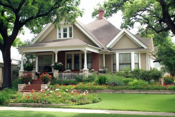 Elegant Middle-Class Home with Beautiful Landscaping and Suburban Gothic Architecture in Balcones Lake, Texas, Featuring White Trim, Beige Walls, Red Brick Accents, and Lush Greenery
