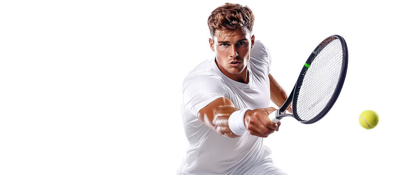 male tennis player hitting ball, isolated transparent, png, background