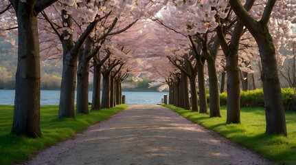 Naklejka premium A Pathway Through a Row of Cherry Blossom Trees
