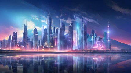 Panoramic view of the modern city at night. Vector illustration