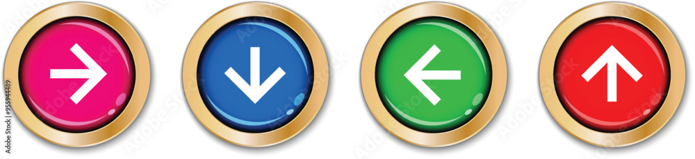 Poster set of different direction arrow glossy button vector illustration.