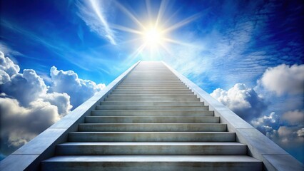A stairway leading up into the sky , staircase, clouds, upward, heaven, ascent, reaching, height, ladder, celestial, climb