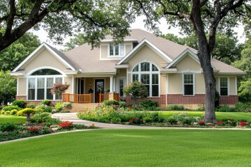 Fototapeta premium Elegant Middle-Class Home with Beautiful Landscaping and Suburban Gothic Architecture in Balcones Lake, Texas, Featuring White Trim, Beige Walls, Red Brick Accents, and Lush Greenery