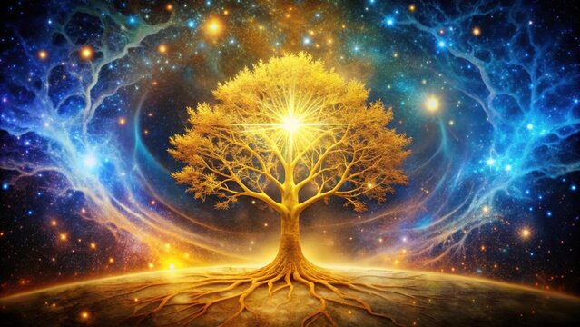 Golden glowing tree of life in cosmic space background, tree of life, golden, glowing, cosmic, space, background, universe