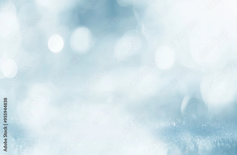 Poster abstract blurred light blue background with white bokeh lights and ample copy space, perfect for min