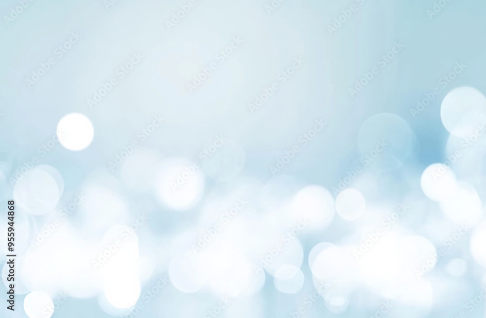 Poster abstract blurred light blue background with white bokeh lights and ample copy space, perfect for min