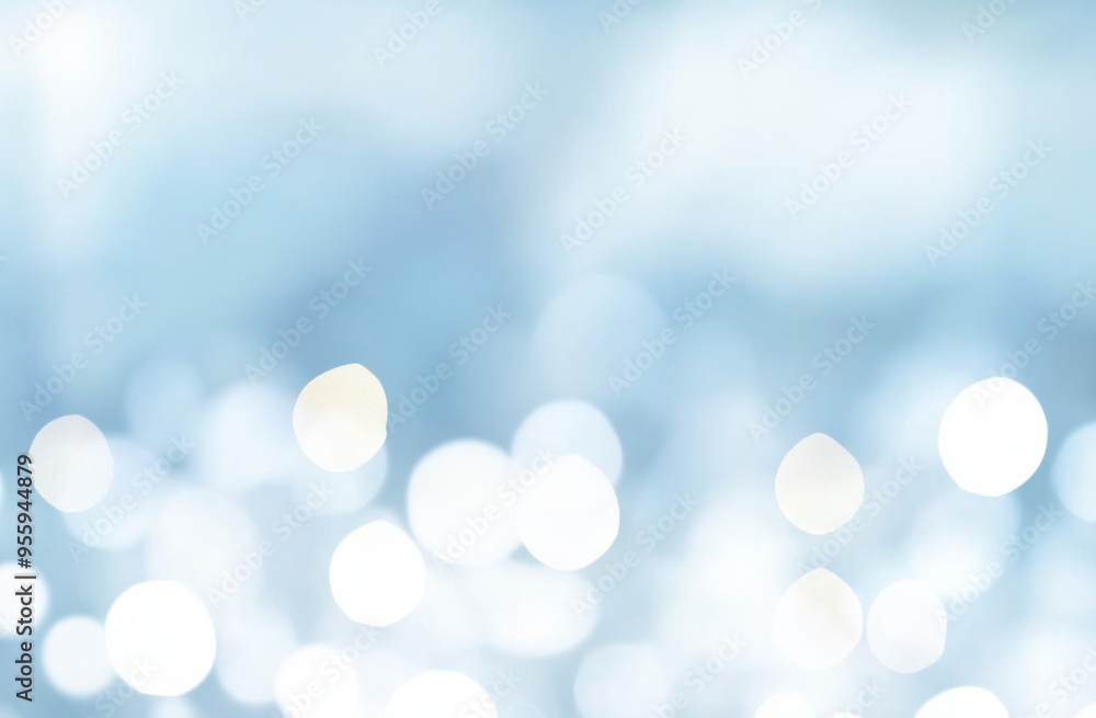 Poster abstract blurred light blue background with white bokeh lights and ample copy space, perfect for min