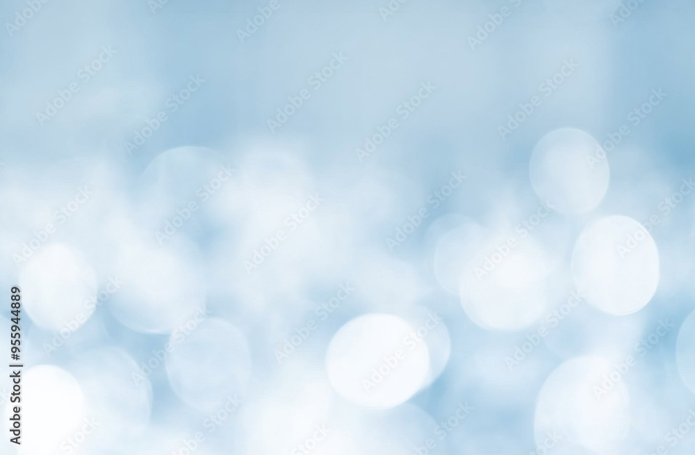 Poster abstract blurred light blue background with white bokeh lights and ample copy space, perfect for min