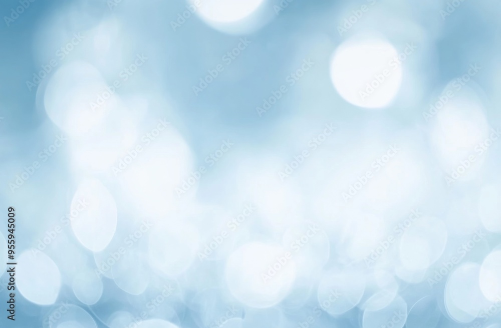 Poster abstract blurred light blue background with white bokeh lights and ample copy space, perfect for min