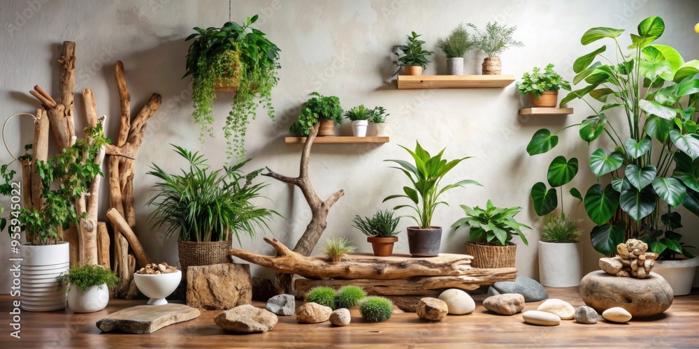 Wall mural Natural decoration in home interior with elements like wooden branches, rocks, and green plants, nature, decoration, home