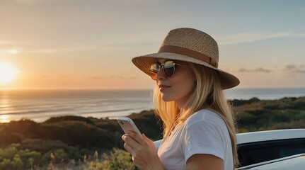 Fototapeta premium Woman in a Straw Hat Uses Her Smartphone at Sunset