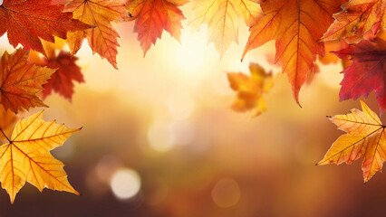 Autumn leaves background with bokeh and copy space for text