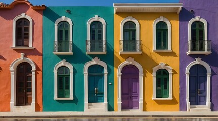 Row of Colorful Buildings with Arched Windows and Doors
