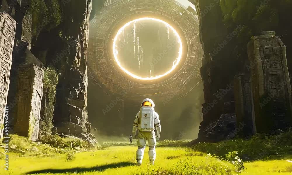 Wall mural an astronaut stands before a mysterious glowing circular portal amidst towering cliffs