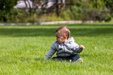 Adorable Baby Sitting on Lush Green Grass in Park on a Sunny Day