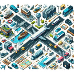 Fototapeta premium Overhead views of different modes of transport illustration, background, banner, card, poster, template, elegant