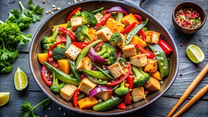 A vibrant and colorful vegetarian stir-fry dish with fresh vegetables and tofu, healthy, plant-based, vegan, cooking