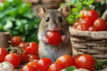 Close-up of a small mouse holding a cherry tomato, surrounded by more tomatoes and greenery