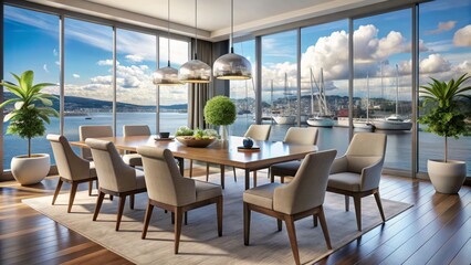 Fototapeta premium Contemporary dining chairs and table set situated in a stylish room with expansive windows framing the shimmering