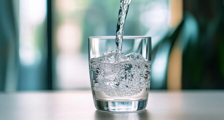 Close-Up of Water Being Poured into a Glass on a White Table with a Softly Blurred Background, Capturing the Essence of Refreshment and Purity
