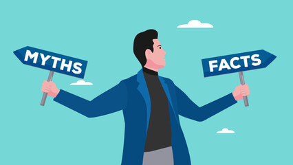 myths vs facts illustration, man carrying a board with myths and facts written on it concept vector illustration